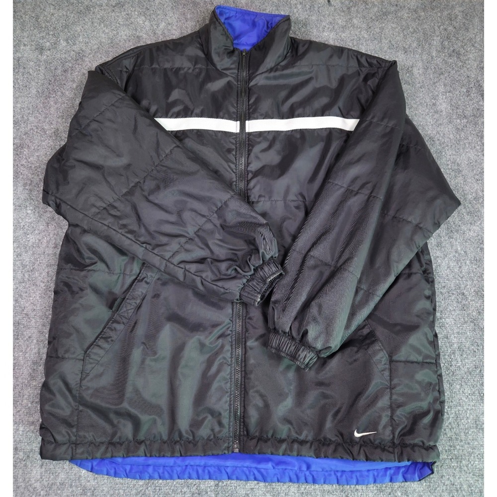 Vintage Nike Reversible Puffer Jacket Mens XL Black Blue Full Zip Swoosh 90s Y2K